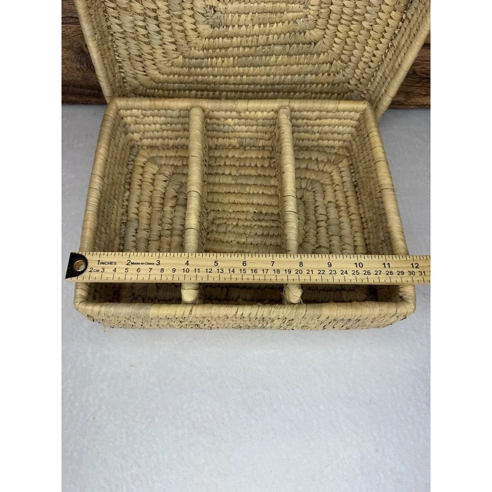 Handwoven Wicker‎ Lidded Basket Organizer Box 3 Compartments Boho Storage 9x12